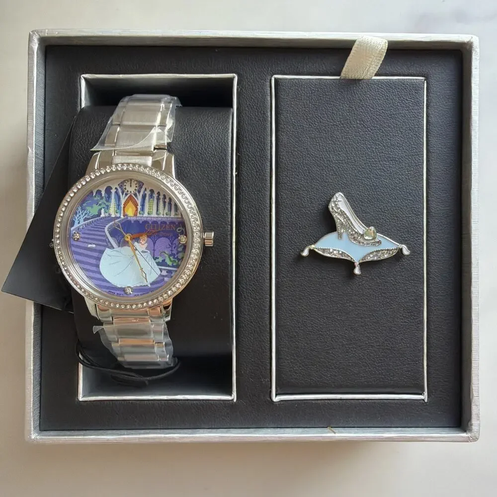 Citizen Disney Cinderella Eco-Drive Watch FE7041-51W Crystal Pin Box Set NWT